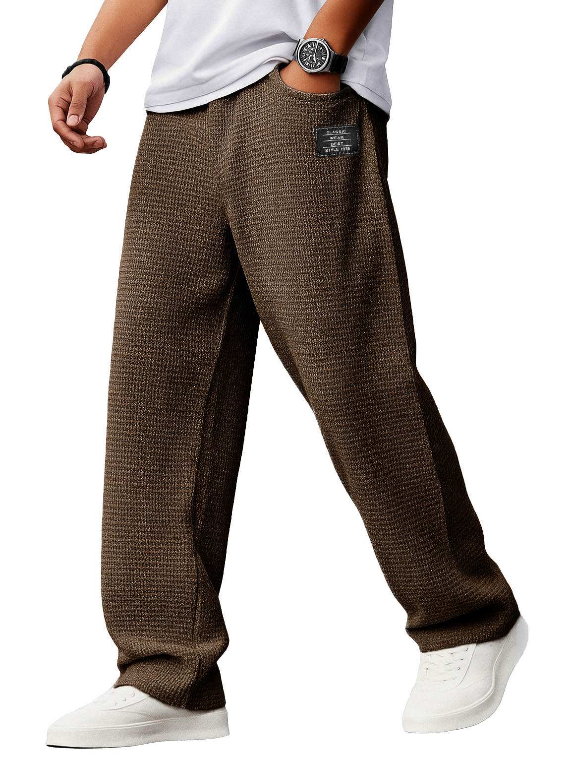 Herren Stylische Alltags-Waffelstoff-Hosen mit lockerer Passform, Kordelzugbund und gesticktem Logo-ZierMode