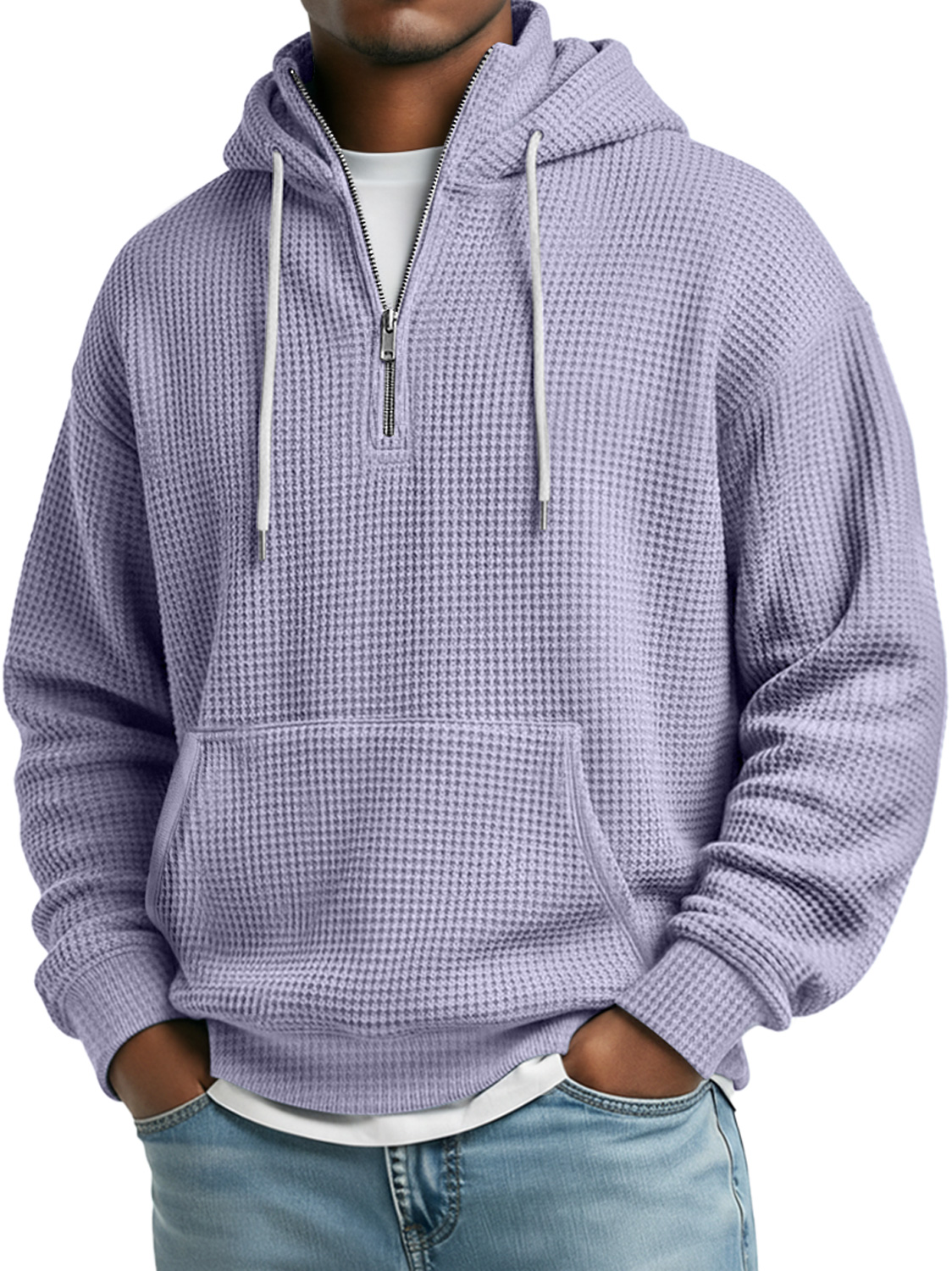 Herren Daily Waffle Stehkragen Reißverschluss Lässiger Lockere Kapuzenpullover-deurabatt