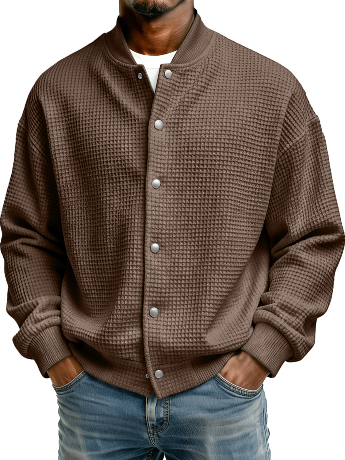 Schlichte Herren-Freizeitjacke mit Stehkragen und Waffelmuster-deurabatt