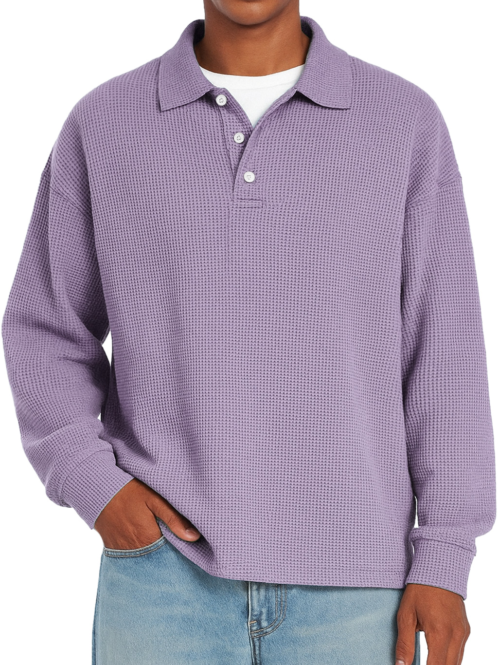 Herren Daily Waffle Freizeit Revers Knopf Locker Langarm Polohemd-deurabatt