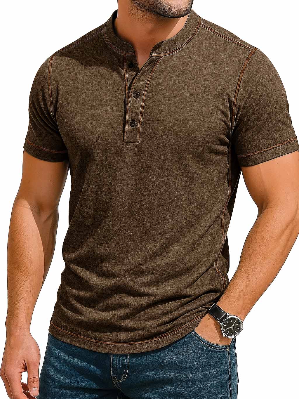 Herrenmode Retro Kontrastfarbe Linie Kurzarm Henley Shirt-deurabatt