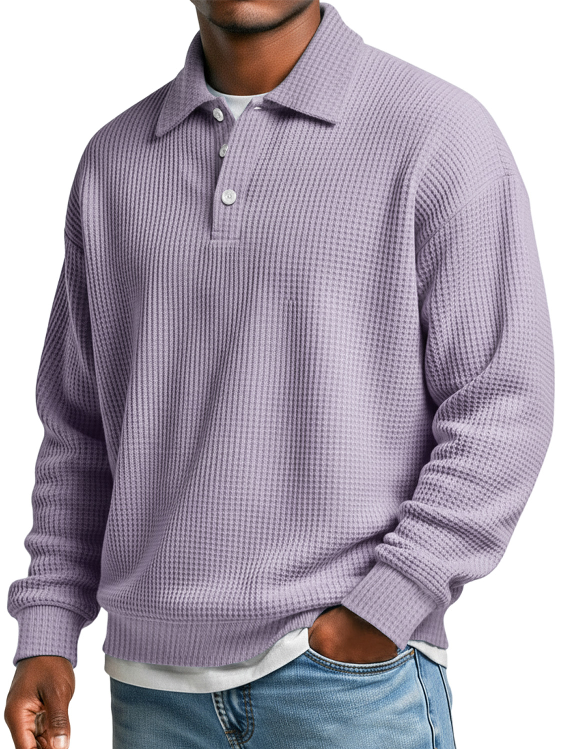Herren Waffel Einfach Revers Knopf Lässig Locker Polo-Shirt-deurabatt