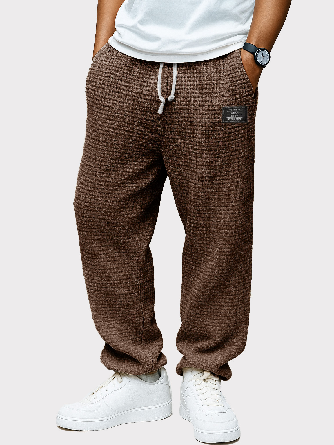 Herrenmode Freizeit Waffelstoff Tasche Taschenstickerei Kordelzug lockere Hose-deurabatt