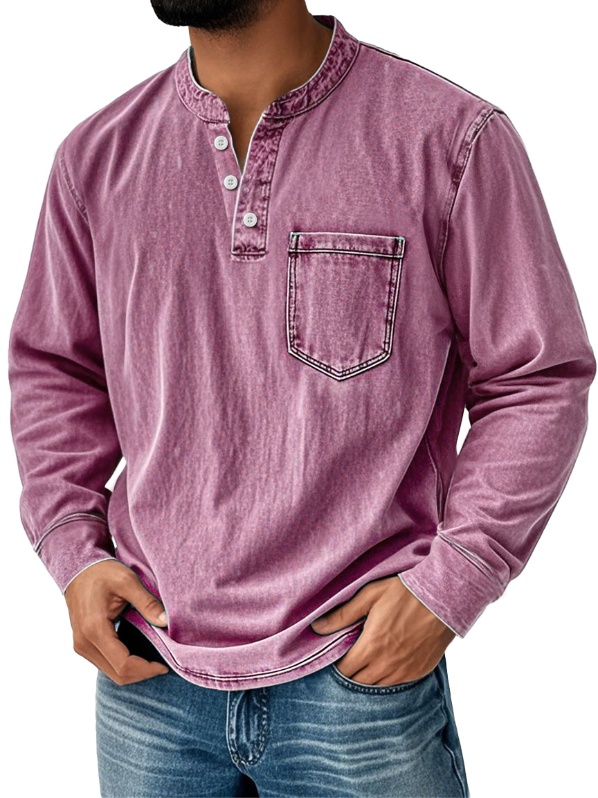 Herren Retro Stehkragen Taschen Freizeit Abgenutzte Langarm Henley Shirt-deurabatt