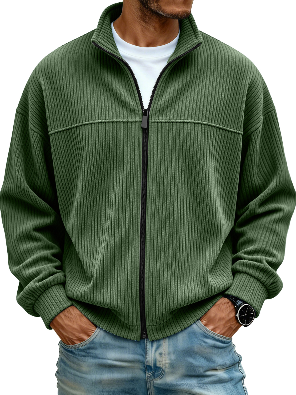 Herren Einfacher Stehkragen Rippstrick Freizeit Lockerer Schnitt Jacke-deurabatt