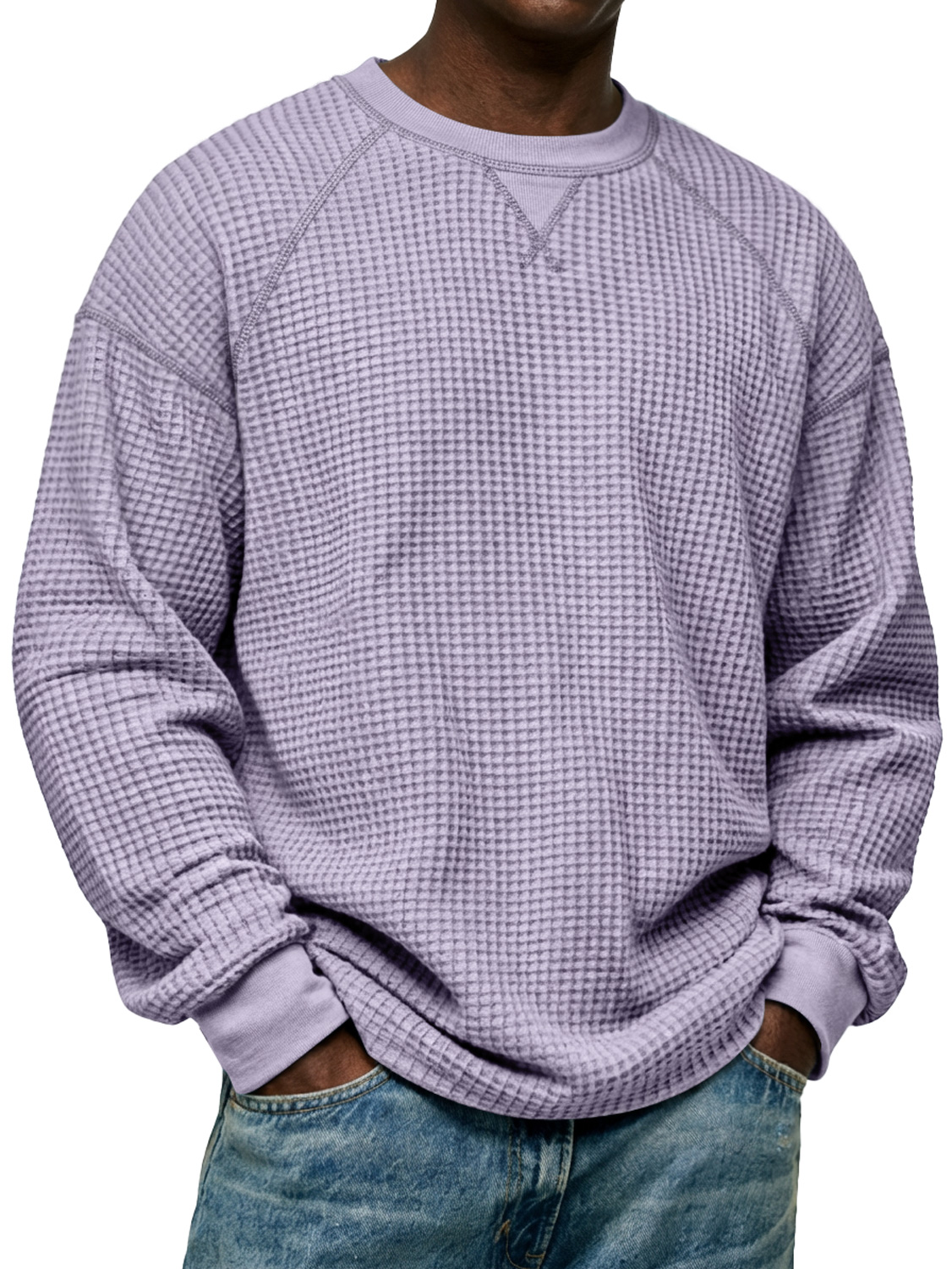 Herren Einfaches Waffelstrick Rundhals Raglanärmel Langarm-T-Shirt-deurabatt
