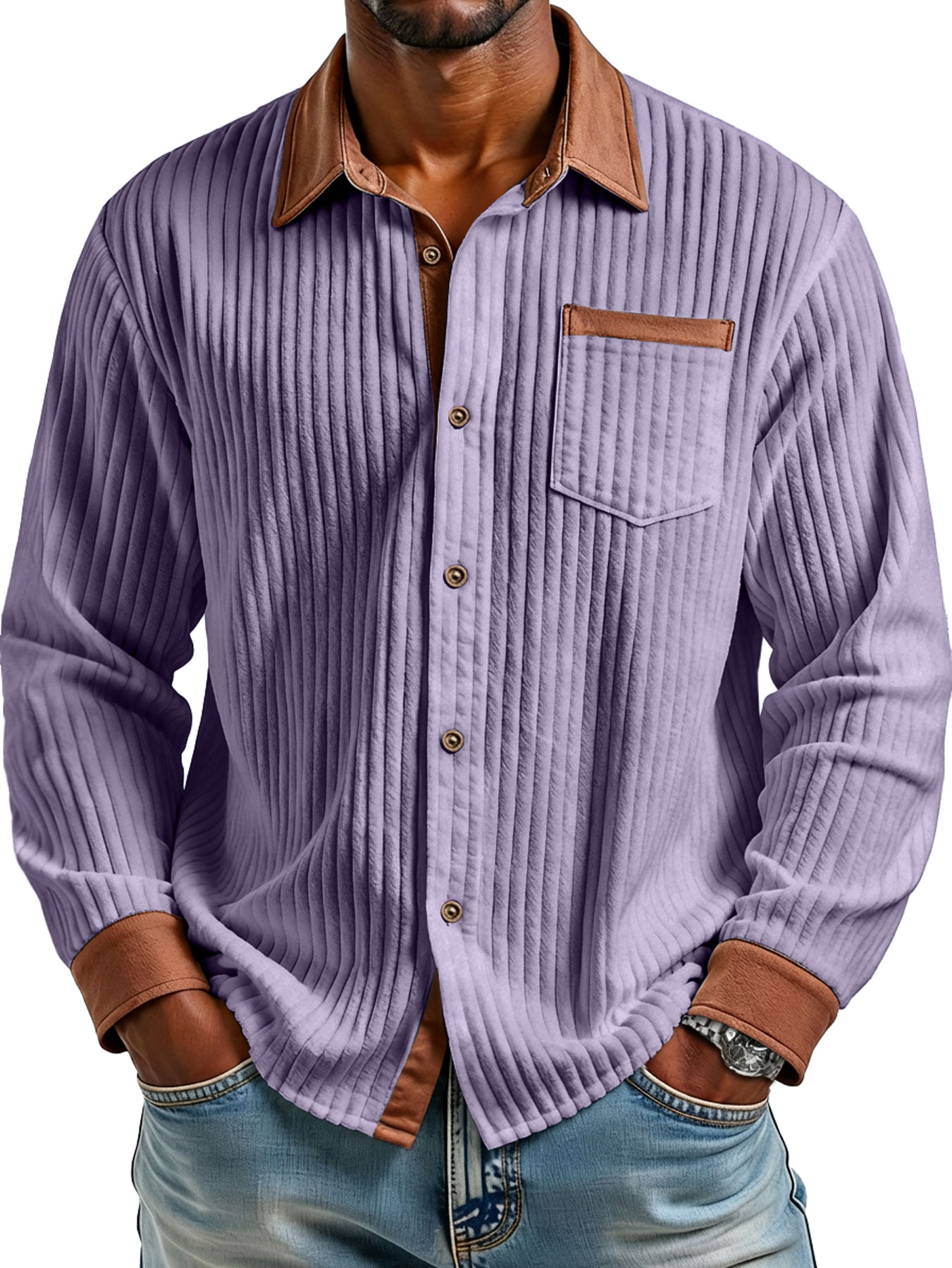 Herren Retro Corduroy Kragen Farbblock Casual Langarmhemd-deurabatt