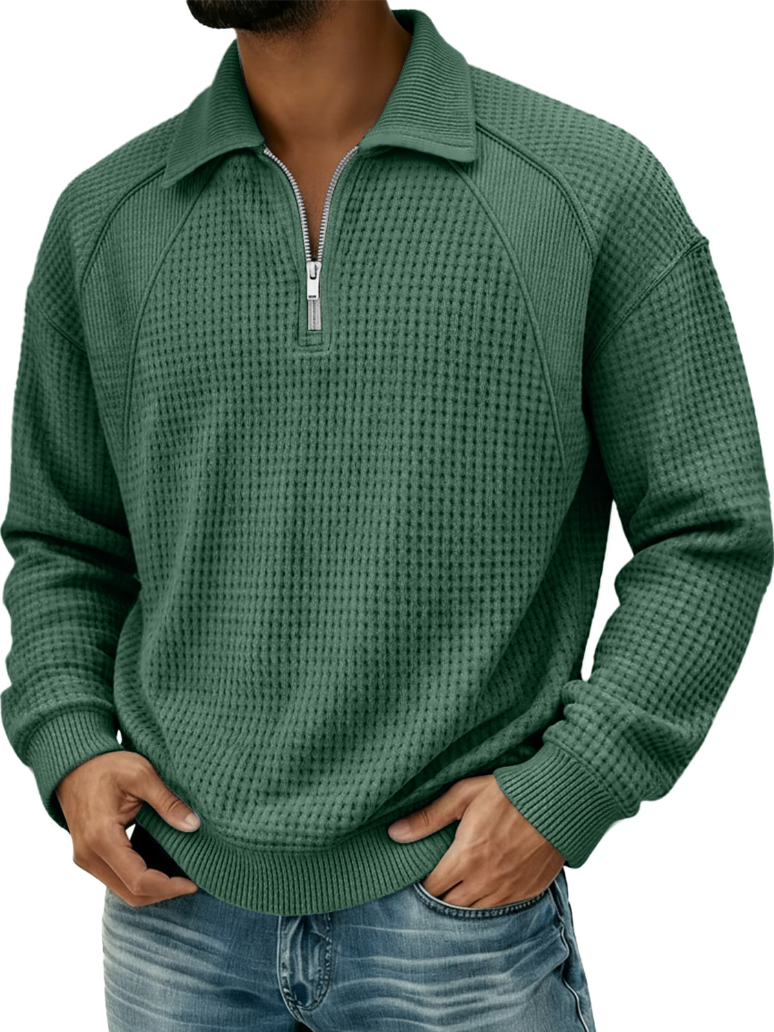 Herren Waffel Revers Reißverschluss Design Split Naht Polo Shirt-deurabatt