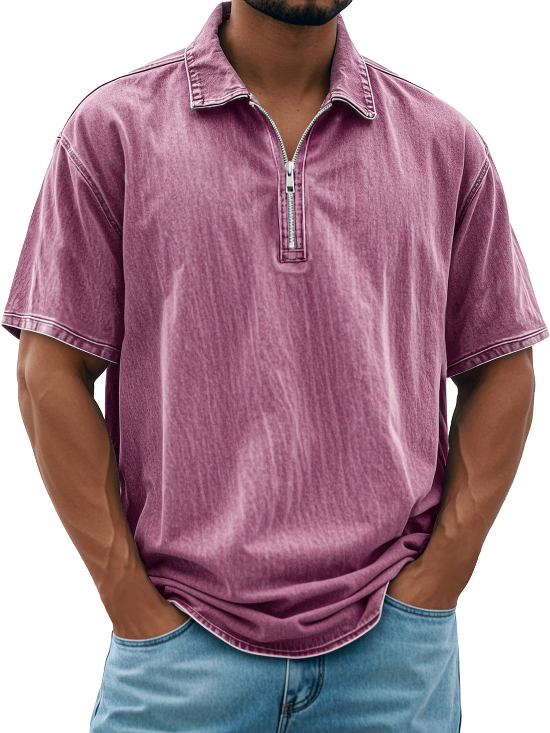 Herren Retro Daily Revers Reißverschluss Freizeit Kurzarm POLO Shirt-deurabatt