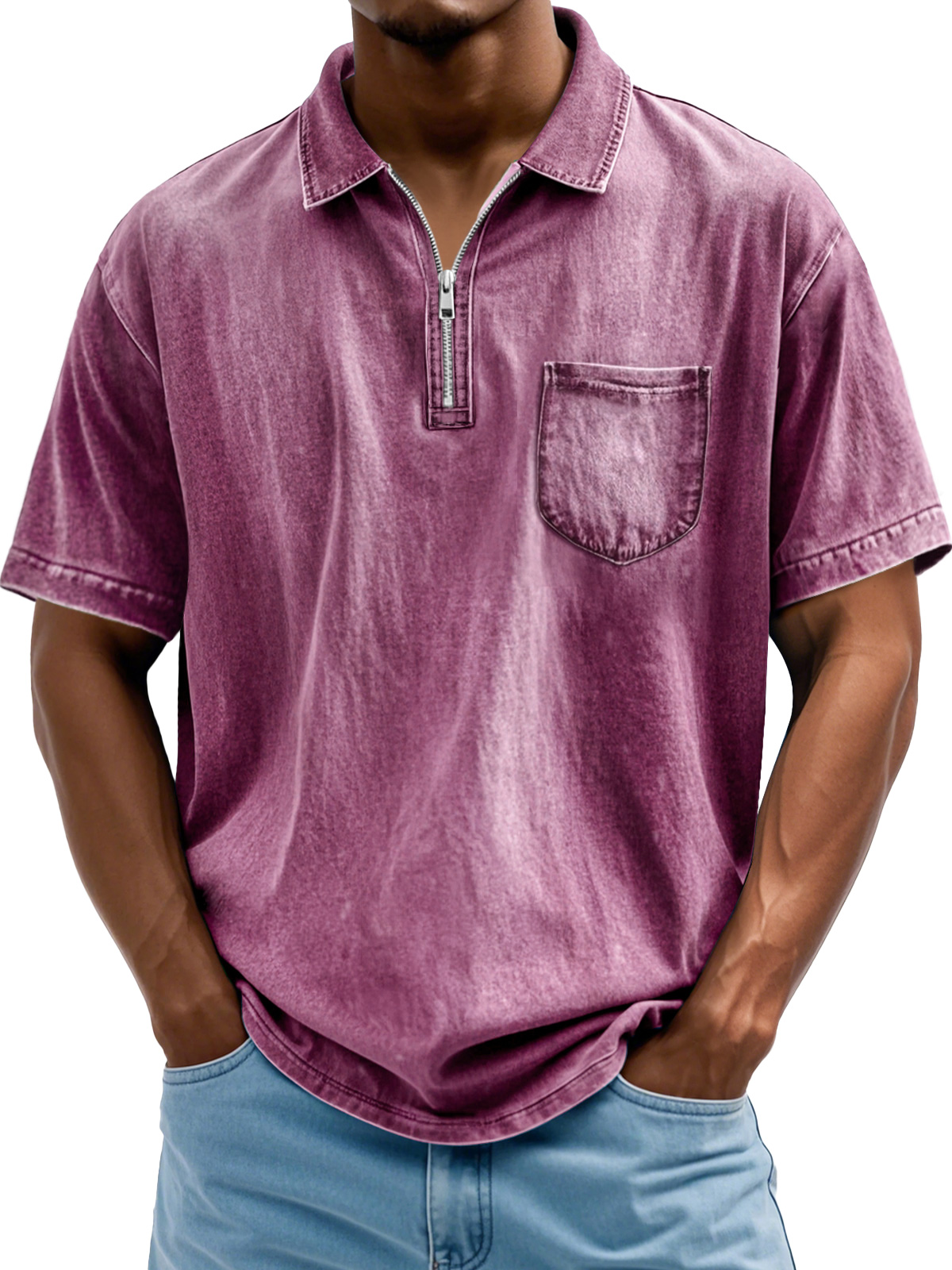 Herrenmode Retro Revers Reißverschluss Freizeit Kurzarm POLO Hemd-deurabatt