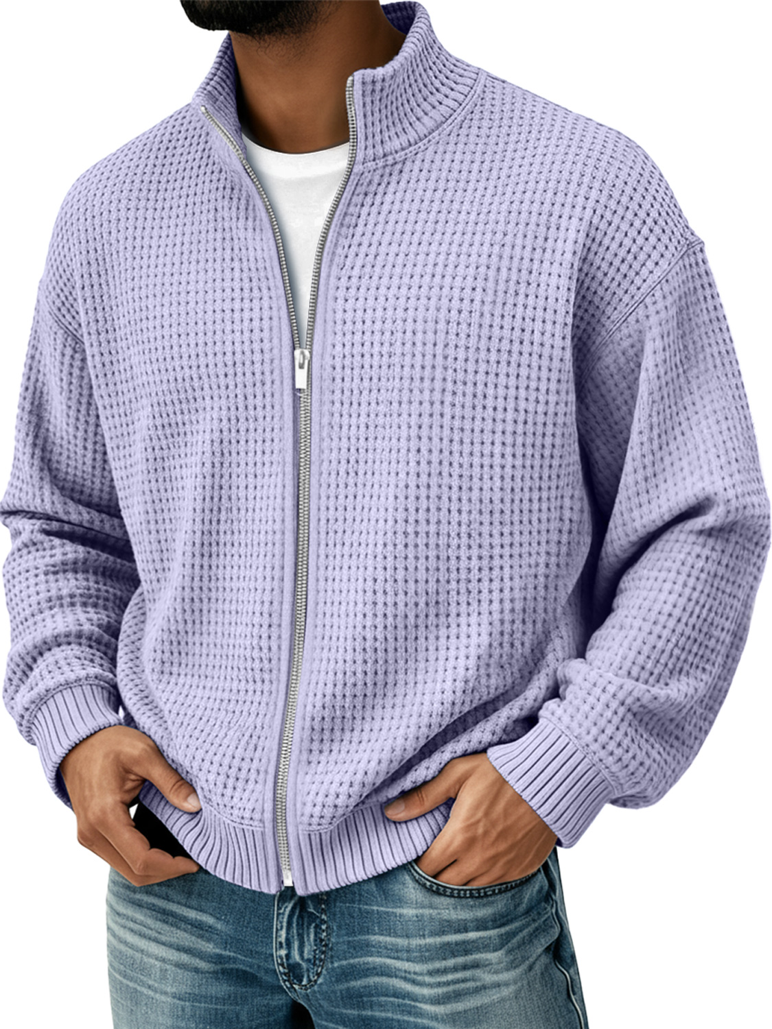 Herren Einfacher Stehkragen Waffel Freizeit Zip-Up Jacke-deurabatt