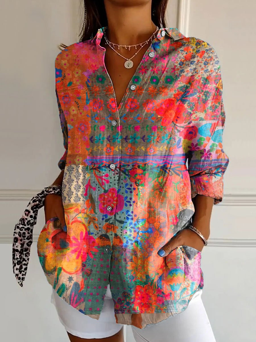Bluse mit floralem Print und klassischem Hemdkragen aus Baumwolle und Leinen