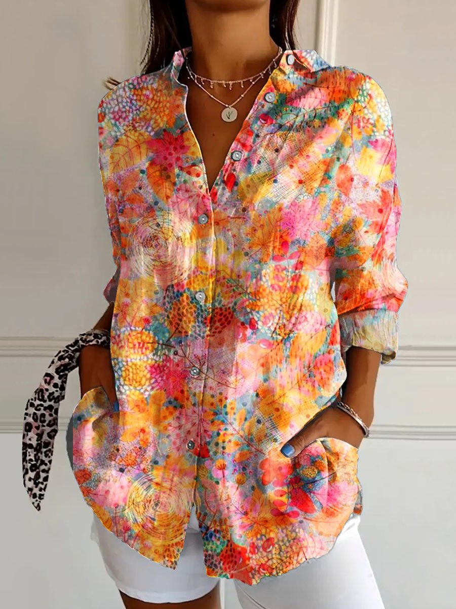Bluse mit floralem Print und klassischem Hemdkragen aus Baumwolle und Leinen