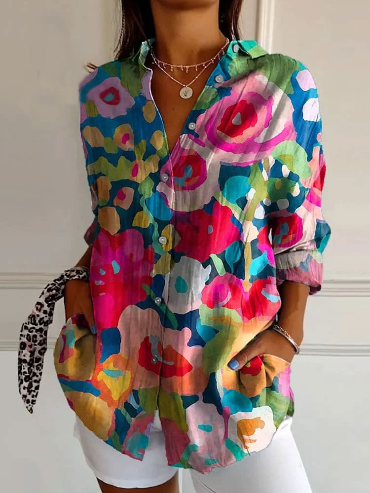 Bluse mit floralem Print und klassischem Hemdkragen aus Baumwolle und Leinen