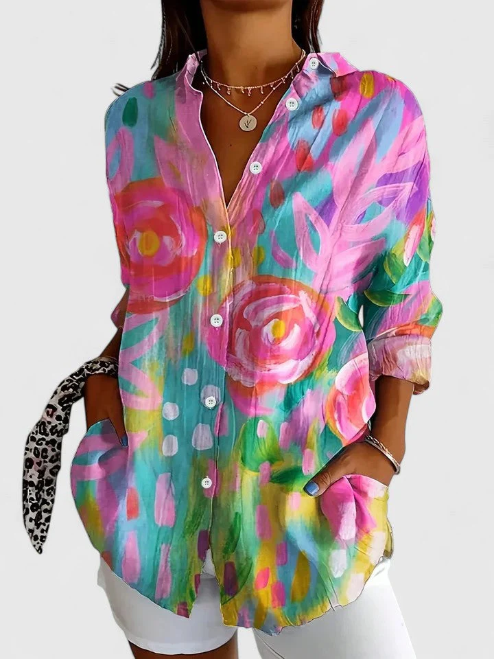 Bluse mit floralem Print und klassischem Hemdkragen aus Baumwolle und Leinen