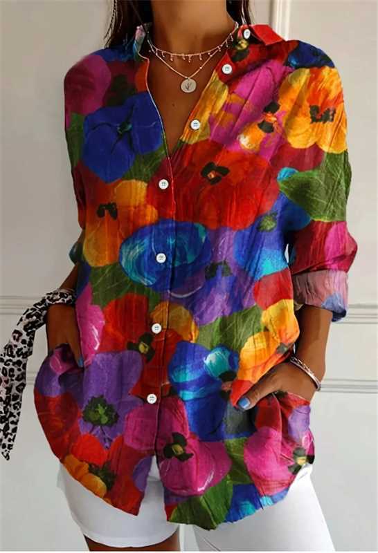 Bluse mit floralem Print und klassischem Hemdkragen aus Baumwolle und Leinen