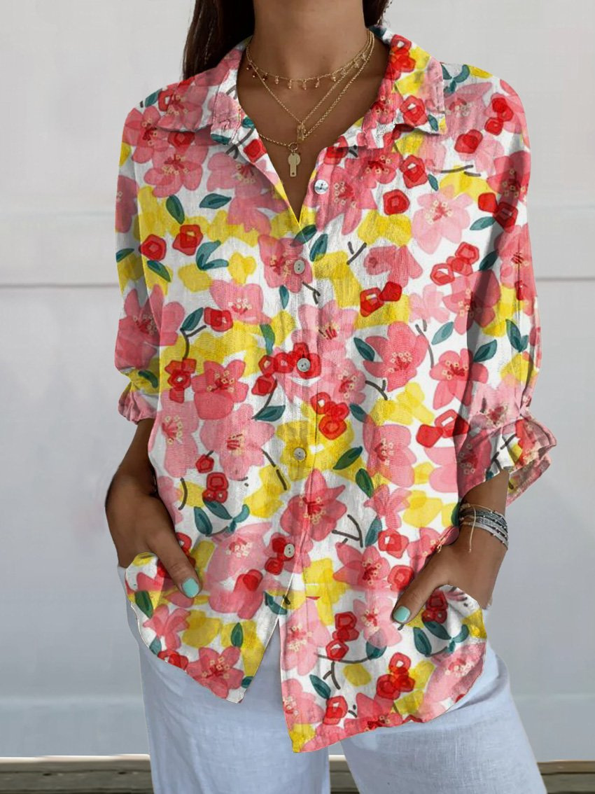 Bluse mit floralem Print und klassischem Hemdkragen aus Baumwolle und Leinen