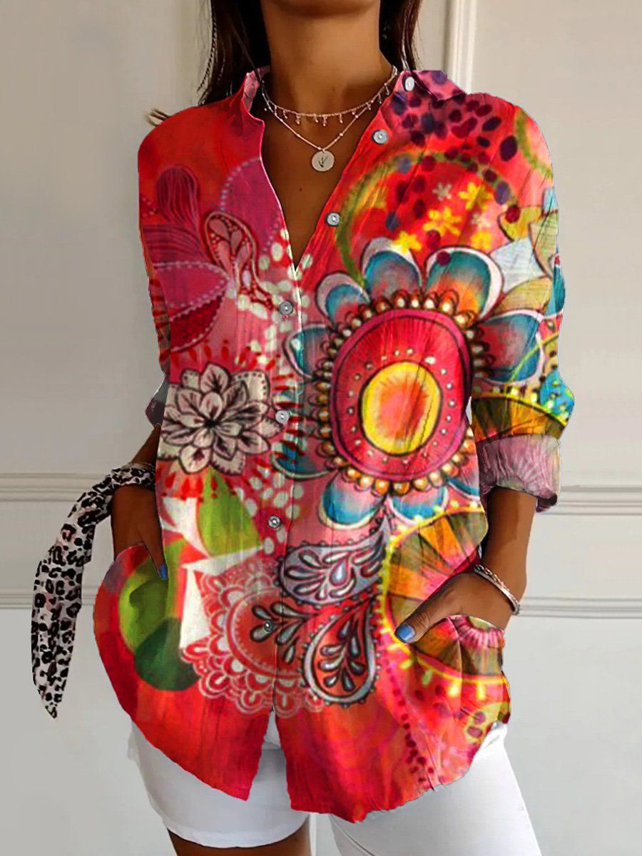 Bluse mit floralem Print und klassischem Hemdkragen aus Baumwolle und Leinen