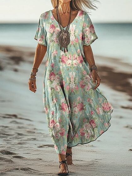 Women's Short Sleeve Spring Floral Print V Neck Casual Dress