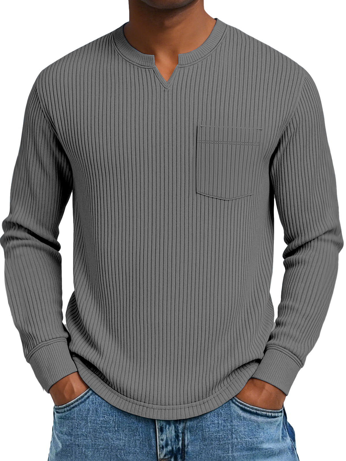 Herren Freizeit Einfarbig Tasche Vertikale Grube Kleine V-Ausschnitt Langarm T-Shirt-deurabatt