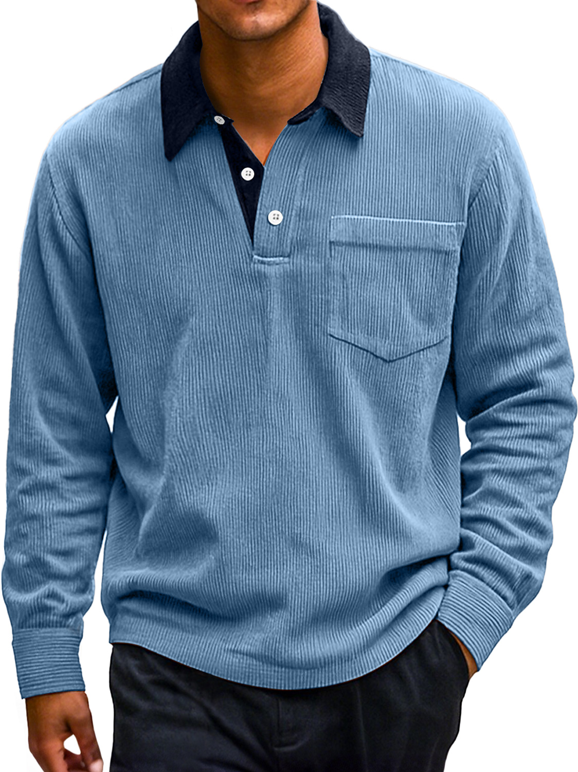 Lässiges Poloshirt mit langen Ärmeln und Retro-Cord-Revers im Colorblock-Stil für Herren-deurabatt