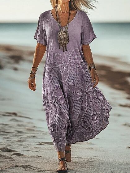 Women's Short Sleeve Spring Floral Print V Neck Casual Dress