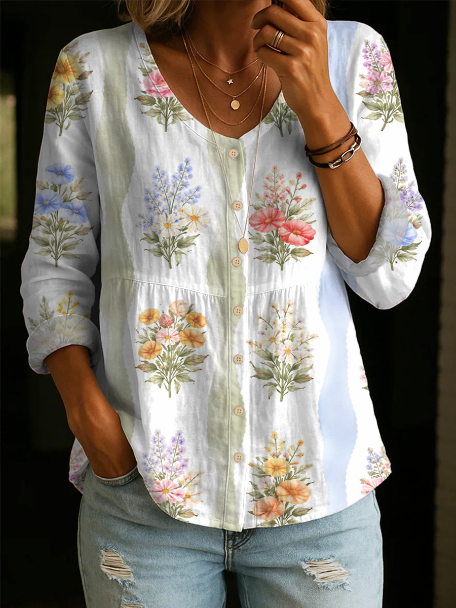 Pastoral-style Floral Print Shirt — Loose-fit, Breathable V-neck Top With 3/4 Sleeves (versatile Style)-ZierMode