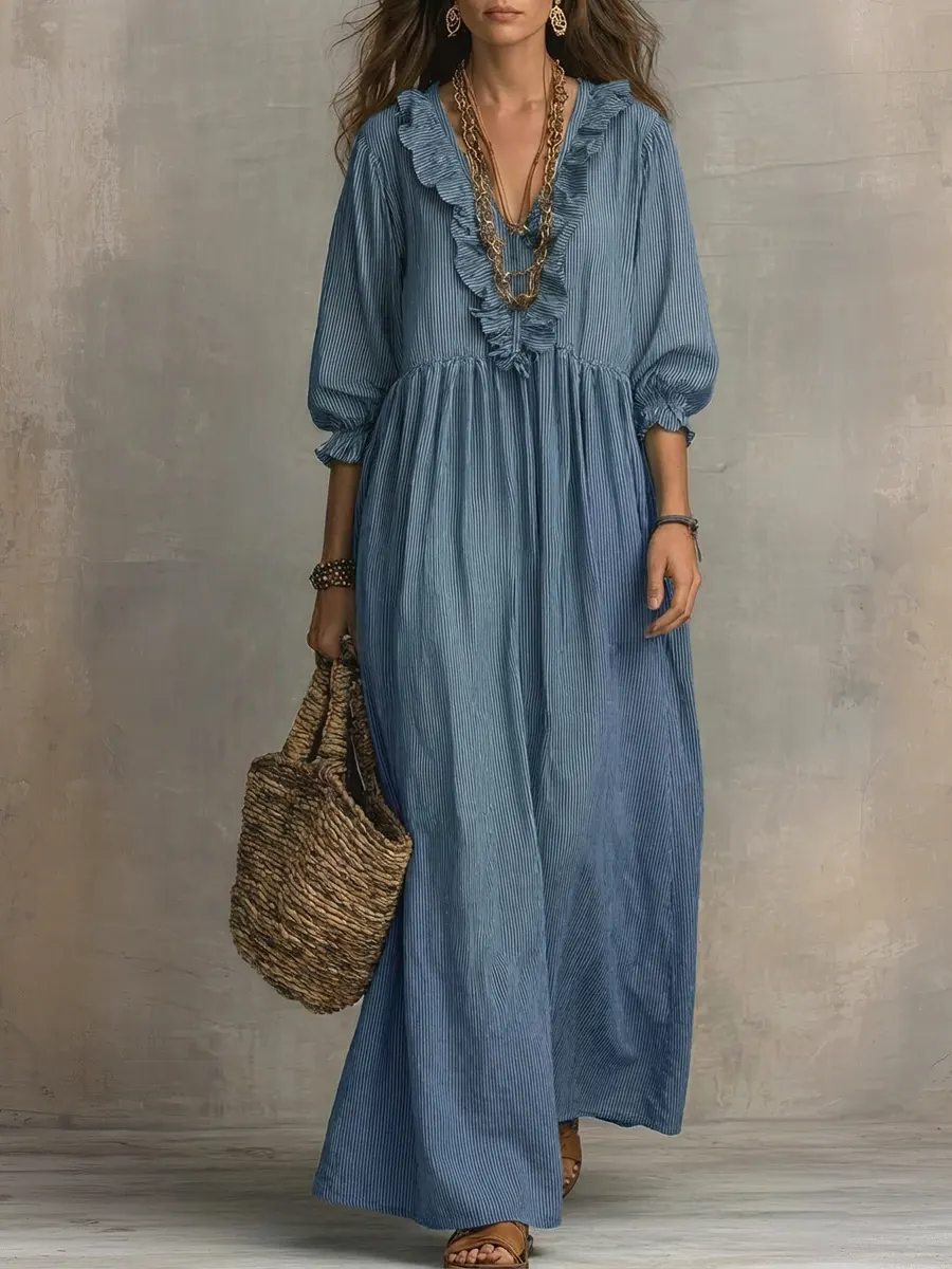 Women's Striped Art Print Casual Stylish Ruffled Vacation Maxi Dress-ZierMode