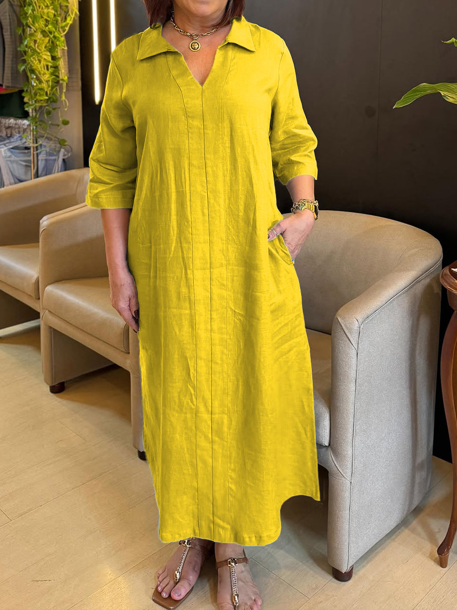 Damenkleid aus Baumwolle und Leinen mit V-Ausschnitt und langen Ärmeln