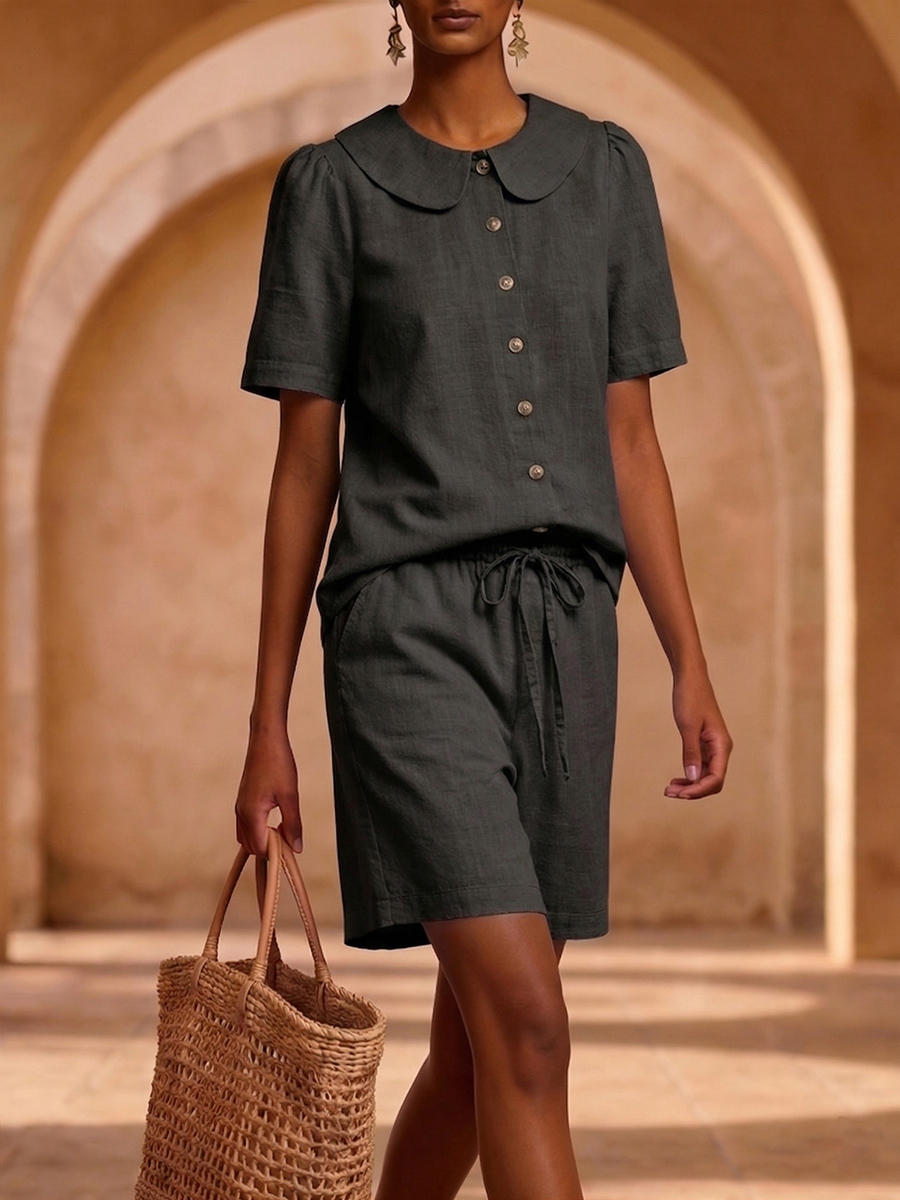 New Arrivals🔥 Stylish Peter Pan Collar Short Shirt and Wide-leg Short Pant Linen Two-piece Set