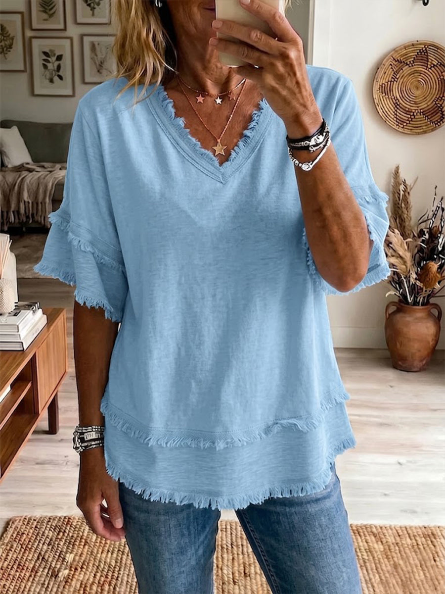 Vintage Frayed V-Neck Linen Top