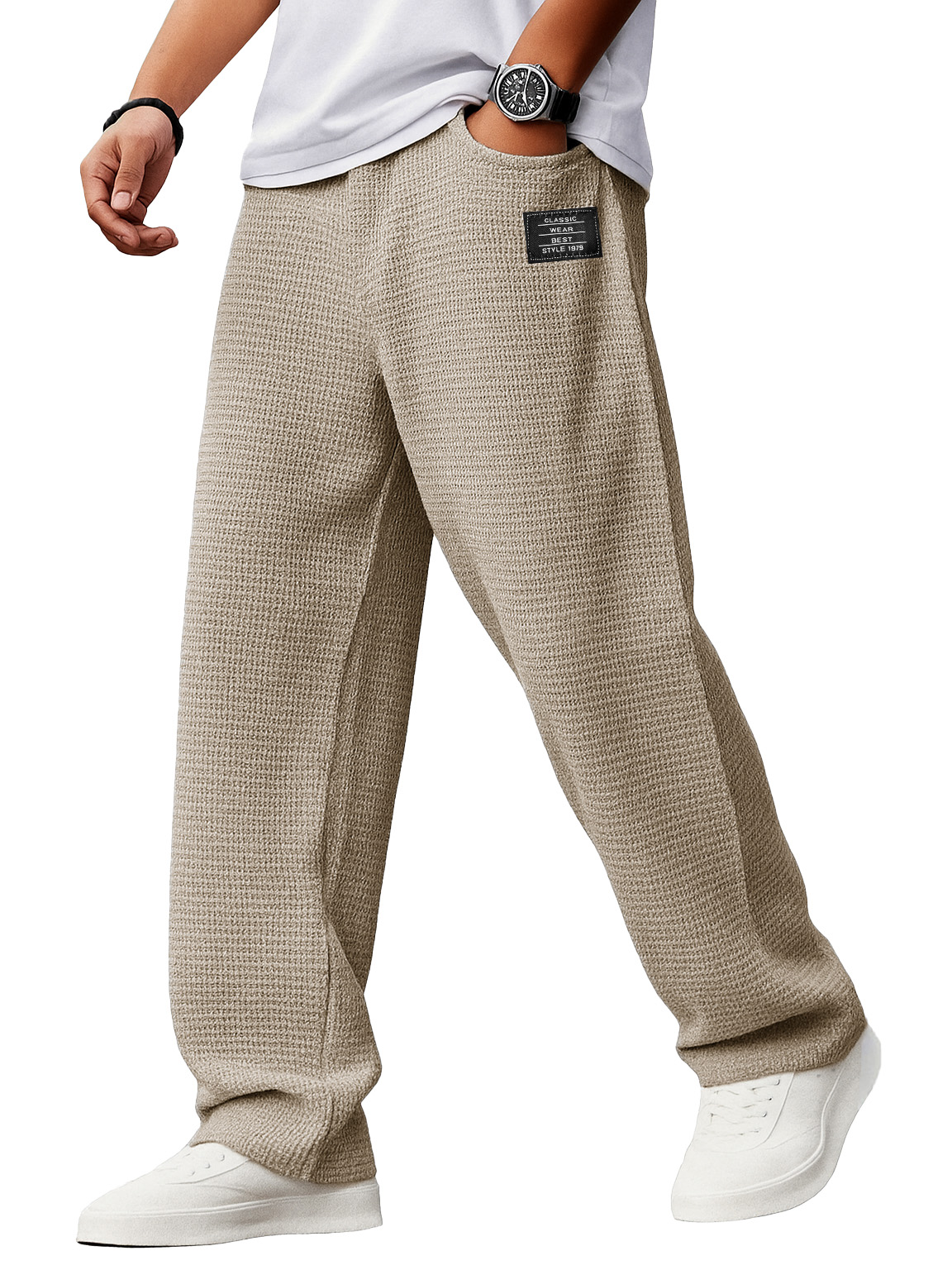 Herren Stylische Alltags-Waffelstoff-Hosen mit lockerer Passform, Kordelzugbund und gesticktem Logo-ZierMode