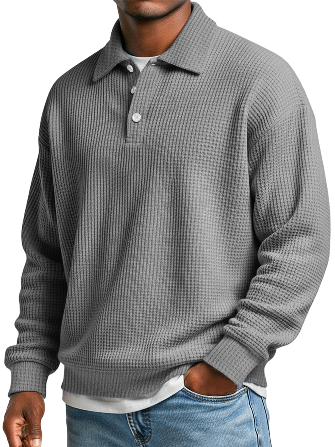 Herren Waffel Einfach Revers Knopf Lässig Locker Polo-Shirt-deurabatt