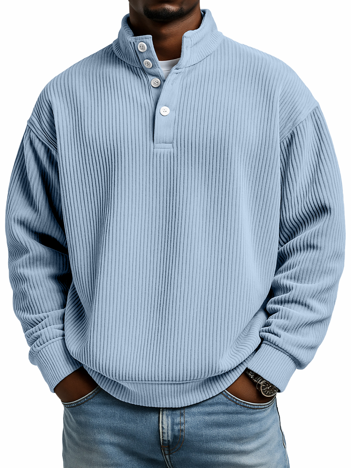 Einfacher lässiger einfarbiger vertikaler gerippter Textur mit vier Knöpfen Stehkragen Langarm-Sweatshirt-ZierMode