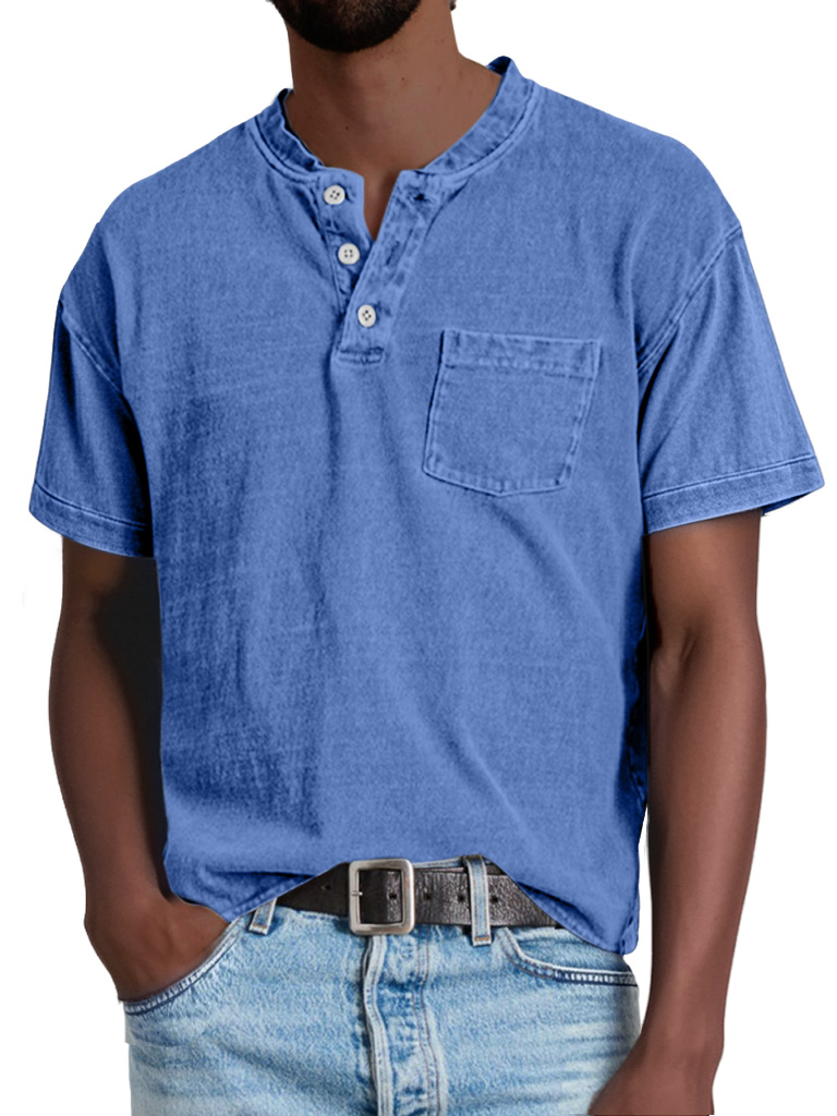 Herren Retro Freizeit Einfarbige Taschen Kurzarm Henley Shirt-deurabatt