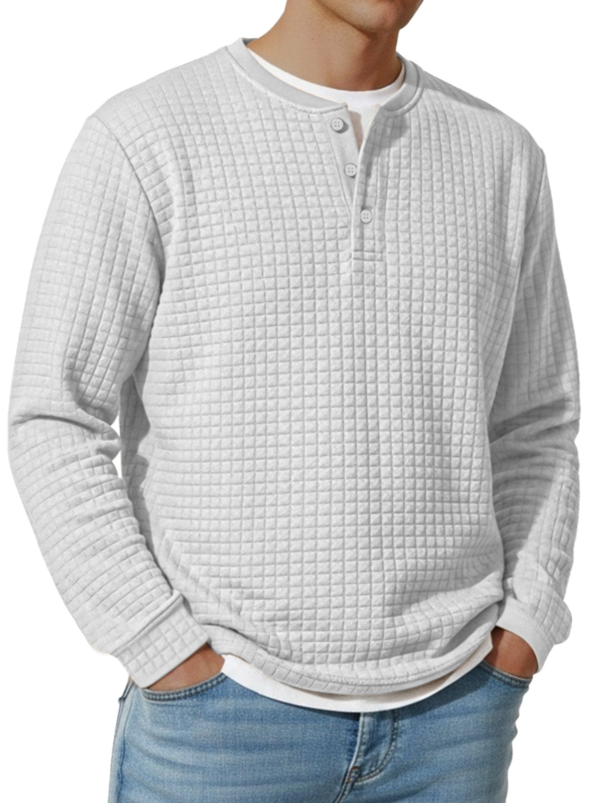 Herren Jacquard Waffel Knopf Henley Langarm Vintage Unterhemd T-Shirt-deurabatt