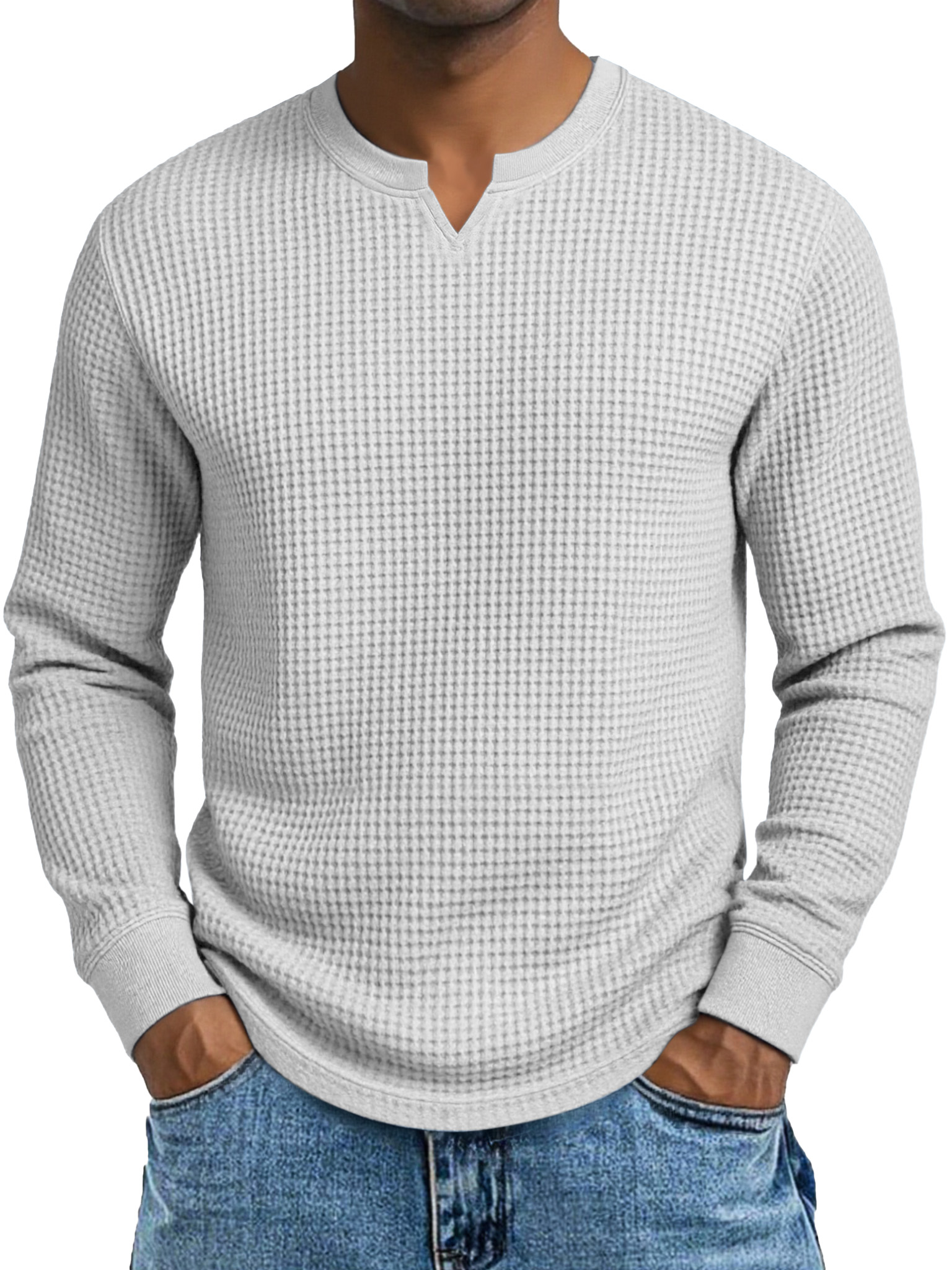 Herren Einfaches Lässiges Waffelkleid Kleiner V-Ausschnitt Langarm T-Shirt-deurabatt