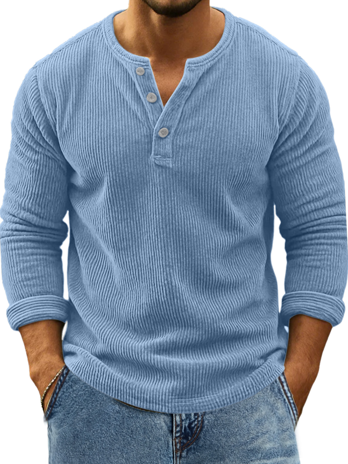Herren Retro Alltag Einfarbig Vertikale Pit Streifen Langarm Henley Shirt-deurabatt