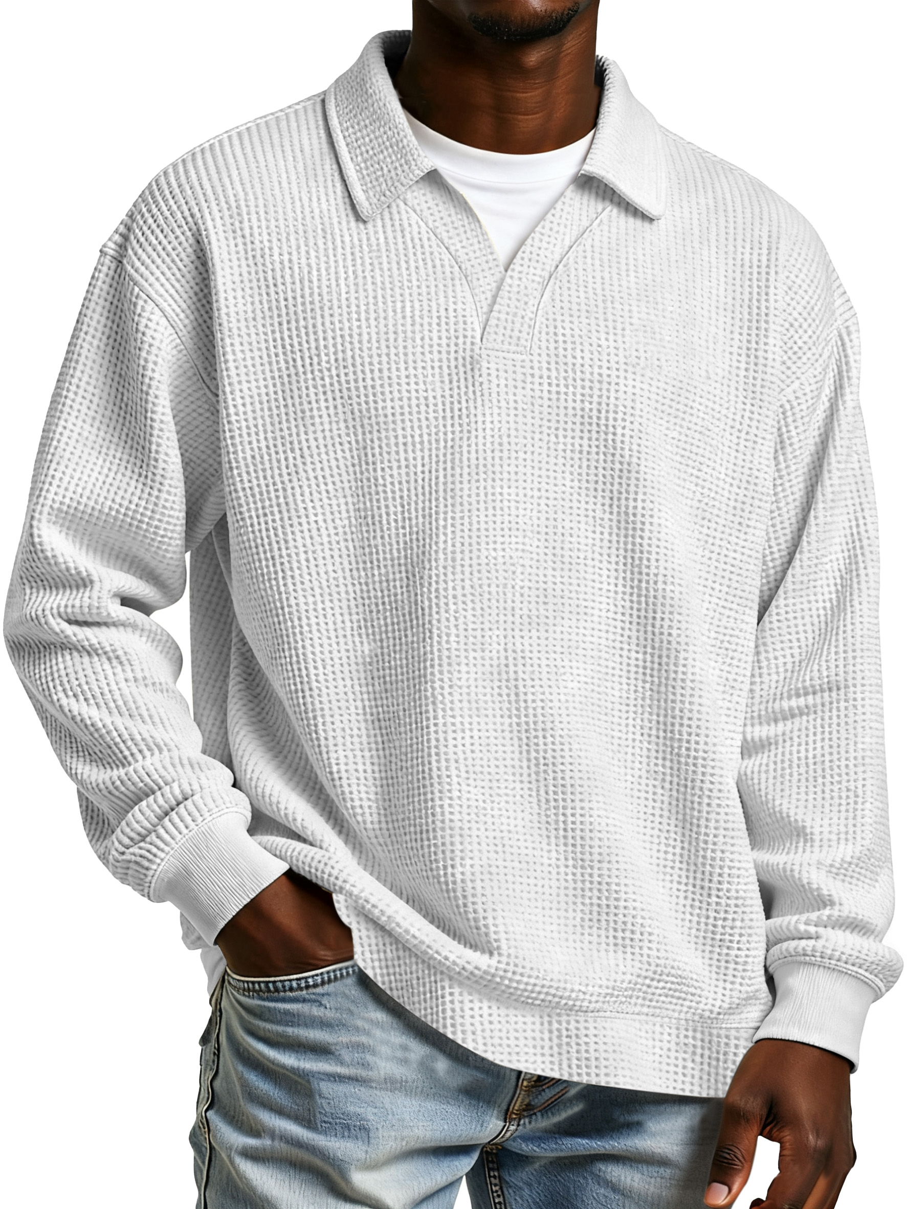 Herren Freizeit Poloshirt mit einfarbigem Waffelmuster, Fake-Zweiteiler, mit Revers und langen Ärmeln-ZierMode