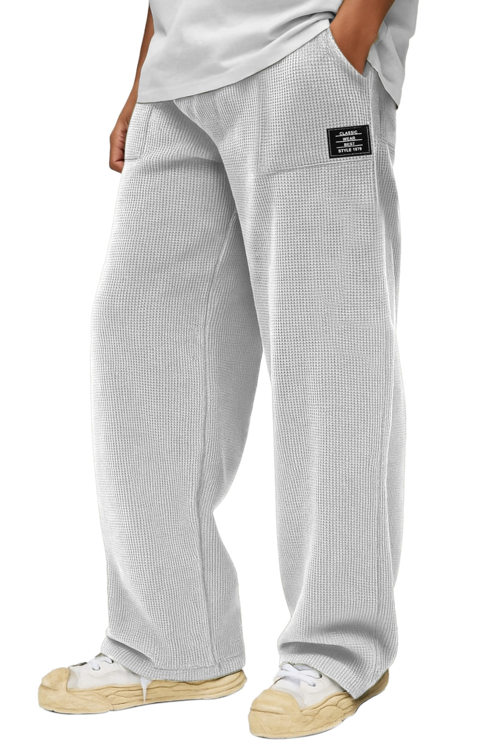 Herren Freizeit Einfarbige Waffel Taschen Lockere Hose-deurabatt