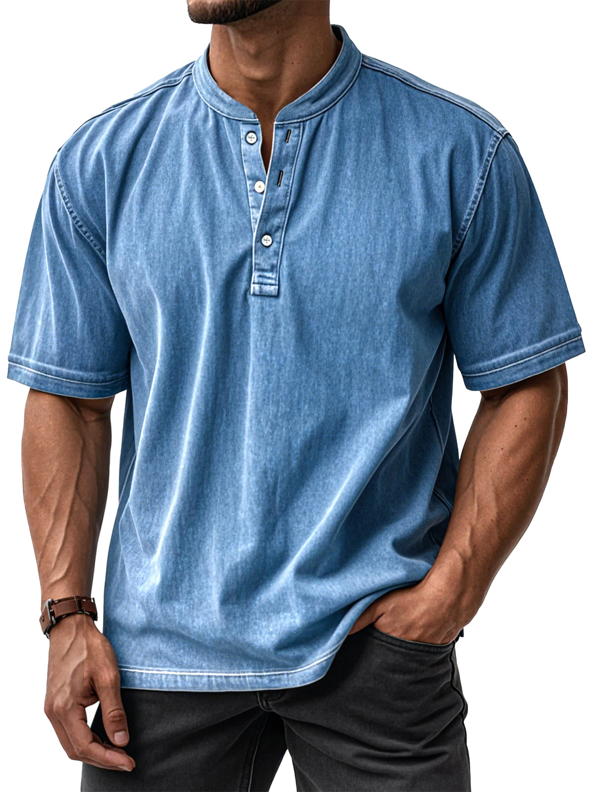 Herren Freizeit Einfarbig Vintage Lockere Kurzarm Button-Down Henley Shirt-deurabatt