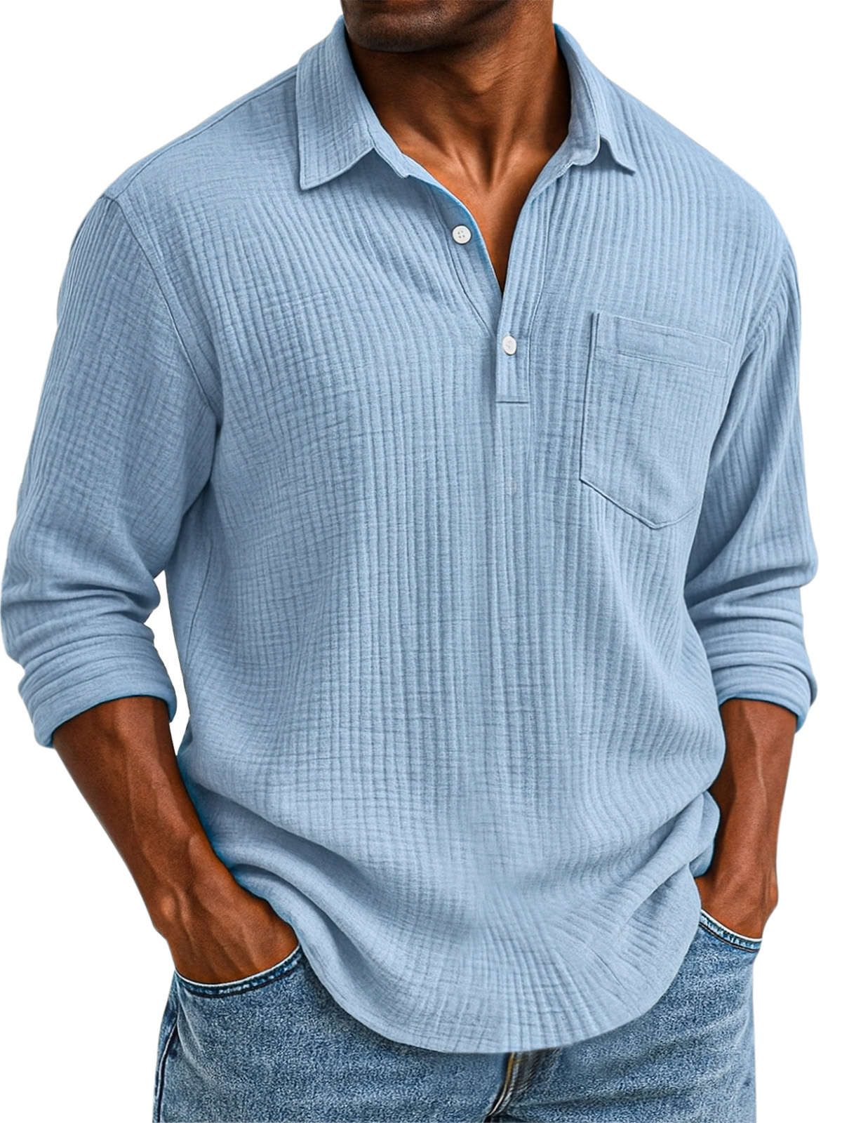 Herren Daily Casual Einfarbig Texturiertes Knopf Langarm Polohemd-deurabatt