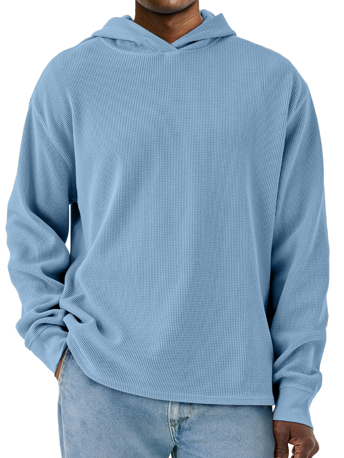 Herren Einfacher Unifarbener Waffel Langarm Kapuzenpullover-deurabatt