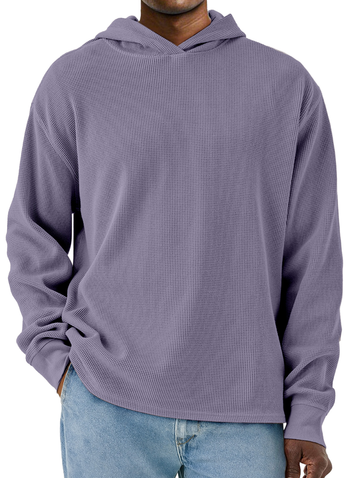 Herren Einfacher Unifarbener Waffel Langarm Kapuzenpullover-deurabatt