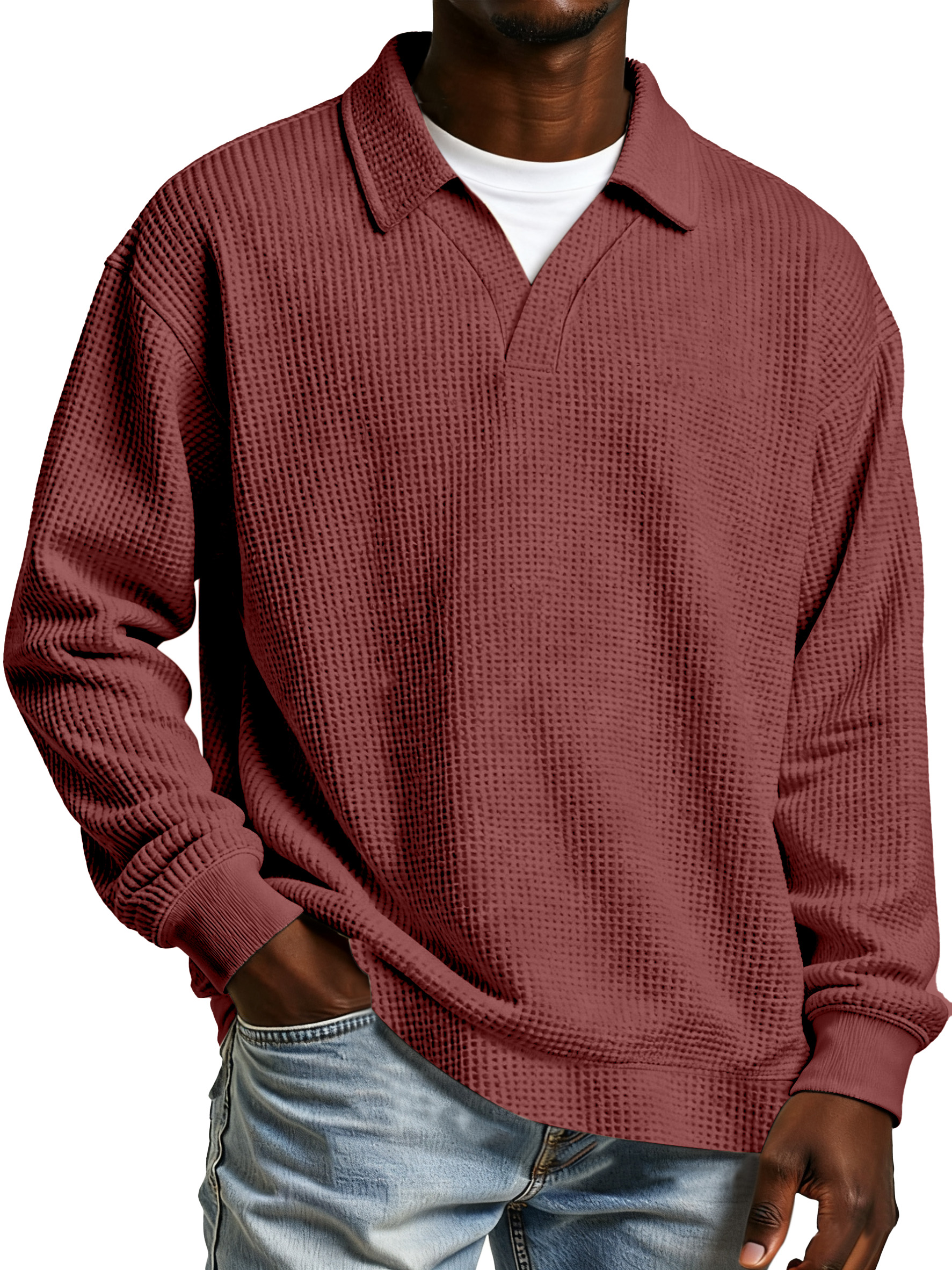 Herren Freizeit Poloshirt mit einfarbigem Waffelmuster, Fake-Zweiteiler, mit Revers und langen Ärmeln-ZierMode