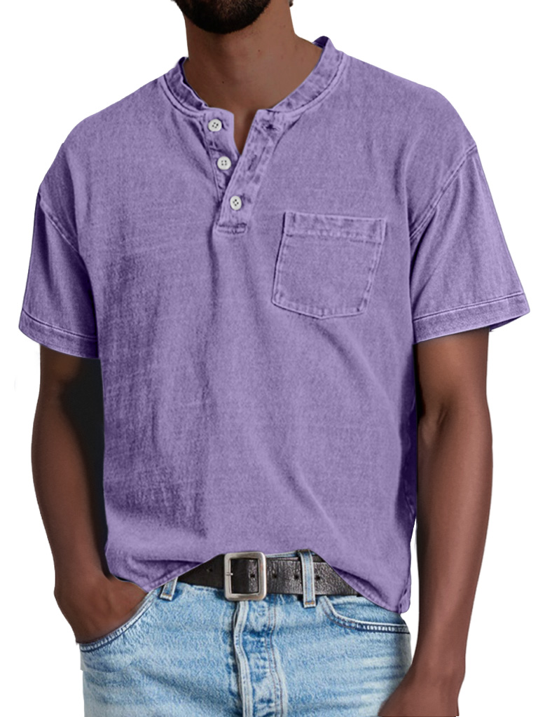 Herren Retro Freizeit Einfarbige Taschen Kurzarm Henley Shirt-deurabatt