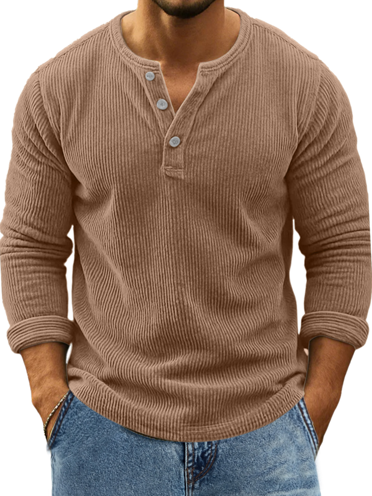 Herren Retro Alltag Einfarbig Vertikale Pit Streifen Langarm Henley Shirt-deurabatt