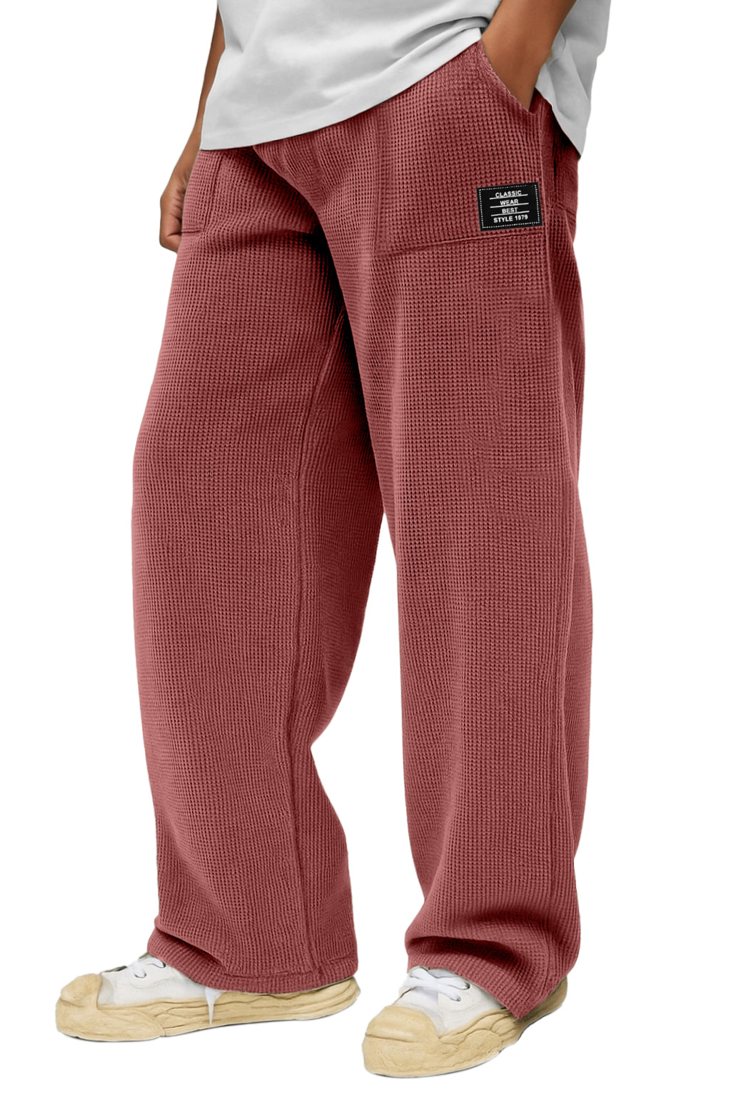 Herren Freizeit Einfarbige Waffel Taschen Lockere Hose-deurabatt