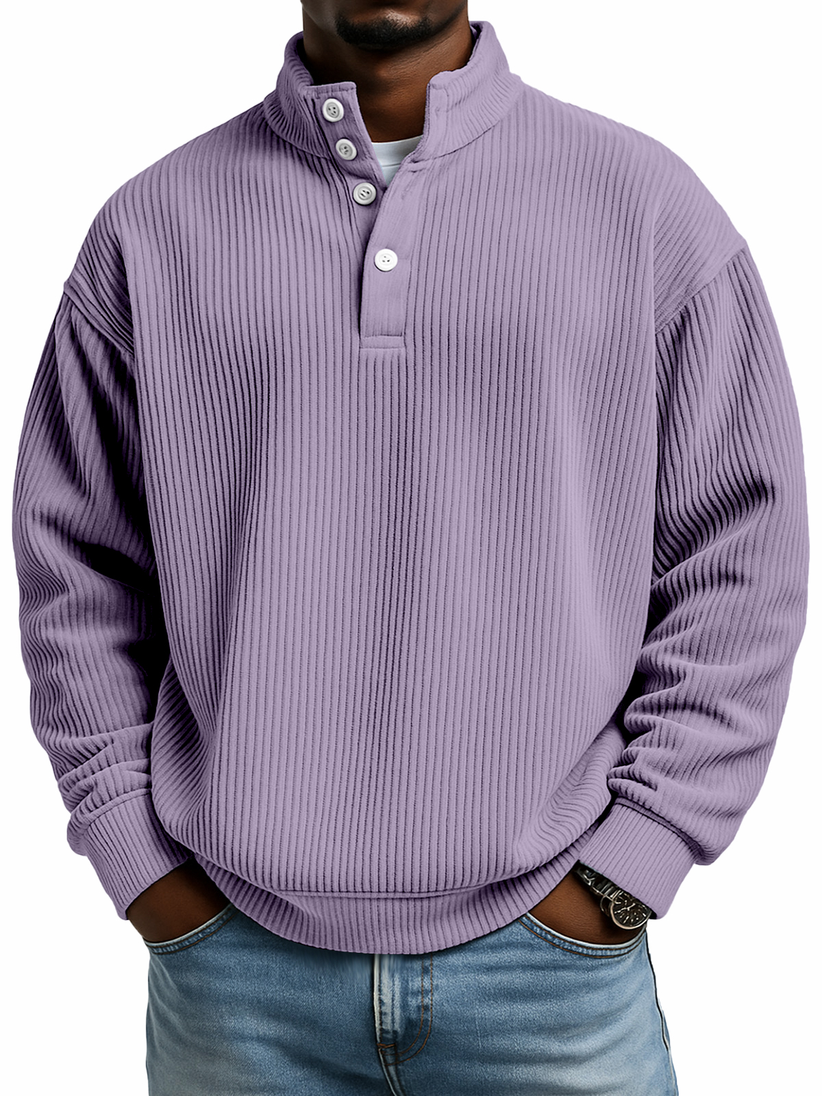 Einfacher lässiger einfarbiger vertikaler gerippter Textur mit vier Knöpfen Stehkragen Langarm-Sweatshirt-ZierMode