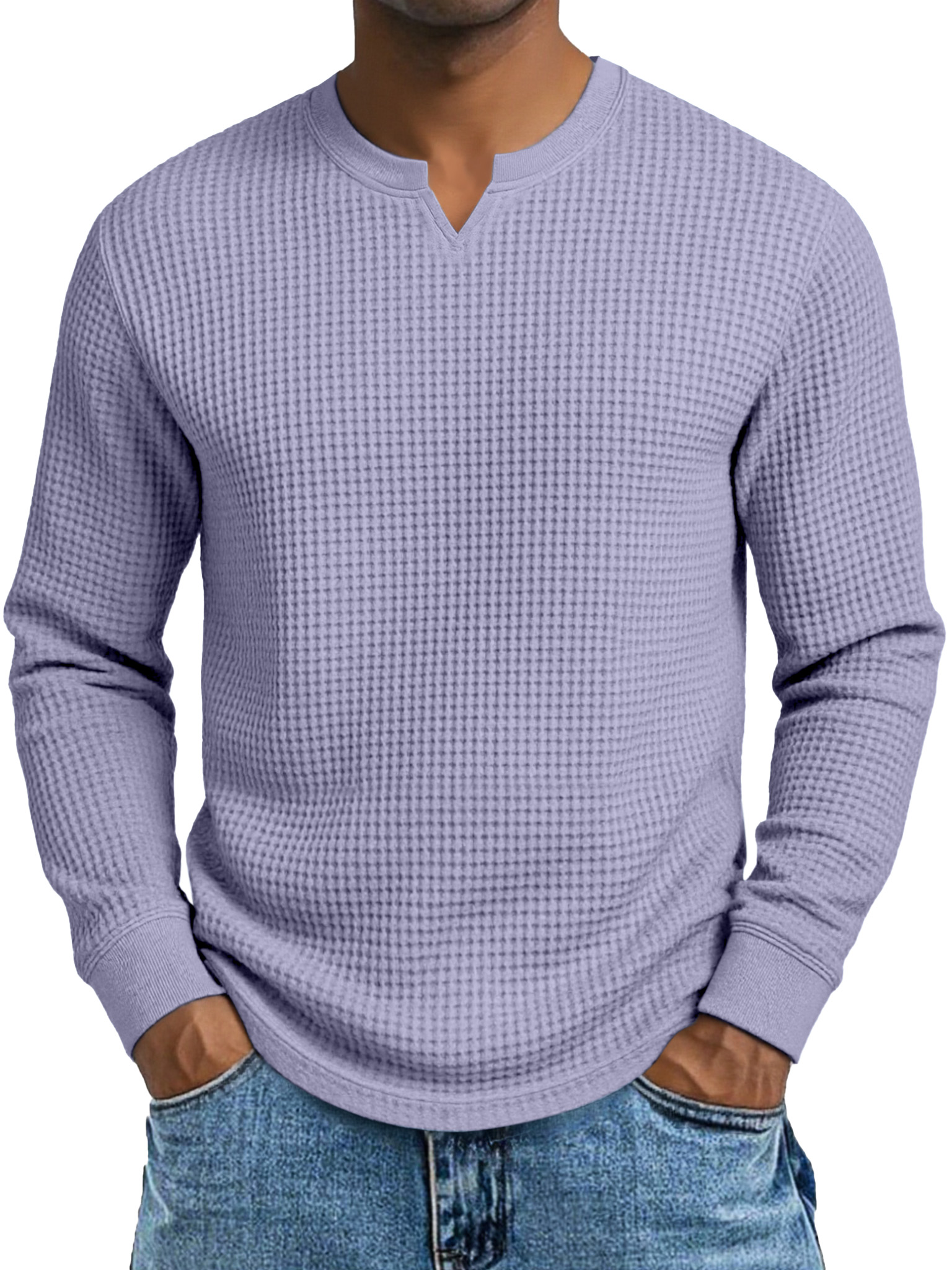 Herren Einfaches Lässiges Waffelkleid Kleiner V-Ausschnitt Langarm T-Shirt-deurabatt